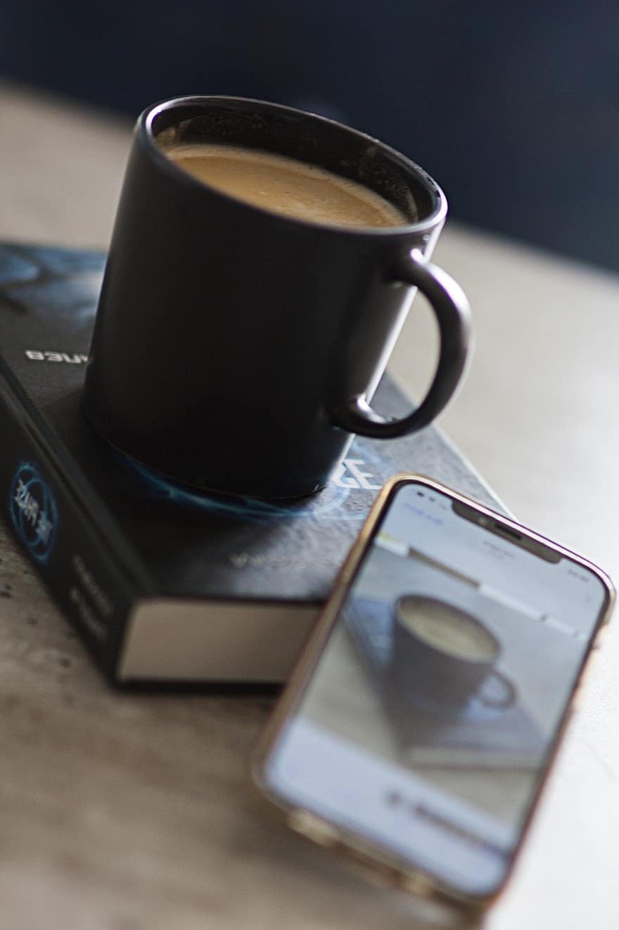 könyv, kávé, csésze, olvasás, reggel, ital, asztal, kávéscsésze, közelkép, koffein, technológia