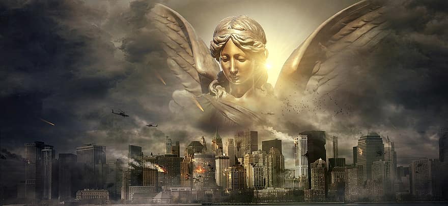 háború, angyal, város, megsemmisítés, katasztrófa, zord, szenvedő, káosz, remény, tehetetlen, erőszak