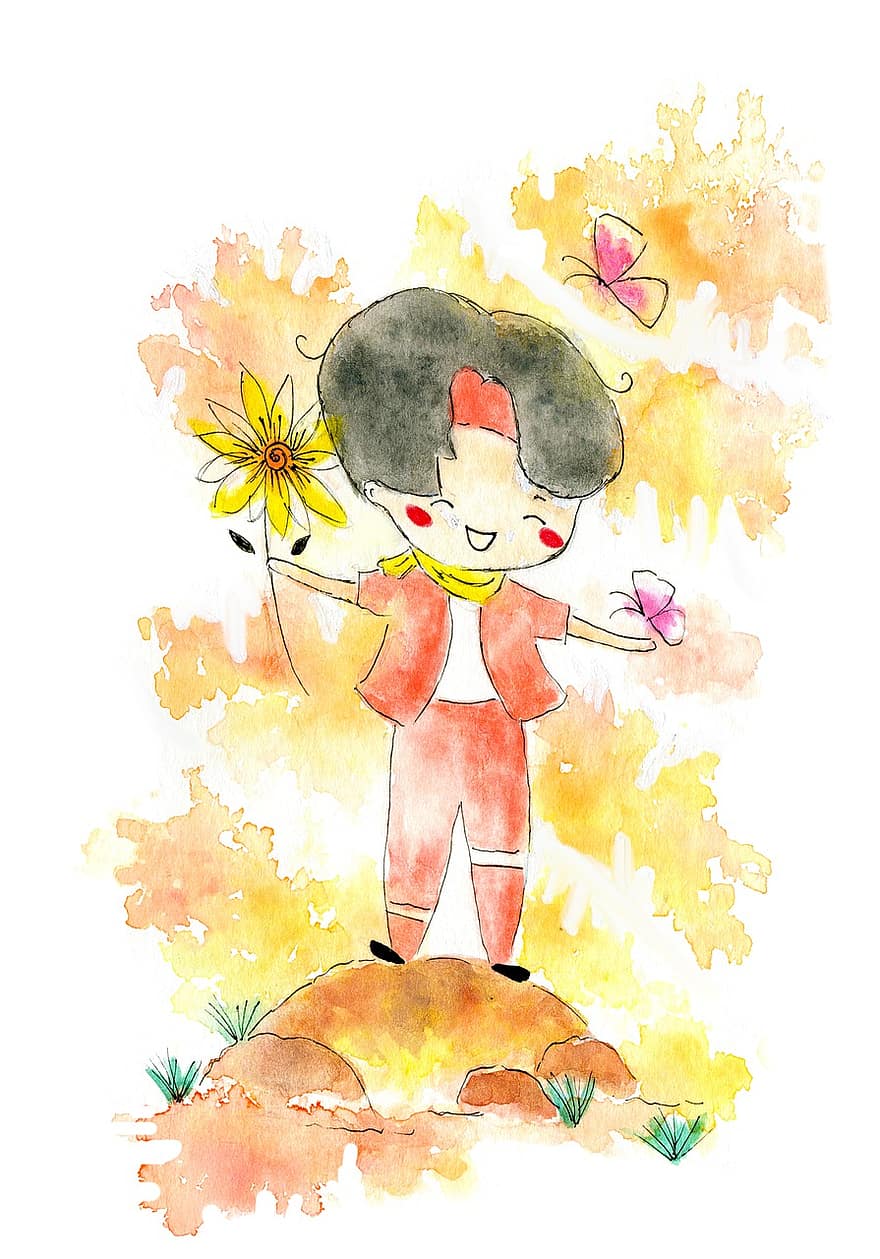 صبي ، الفراشات ، الرسم بالألوان المائية ، دوار الشمس ، بطاقة تحية ، رسم بالألوان المائية ، عمل فني