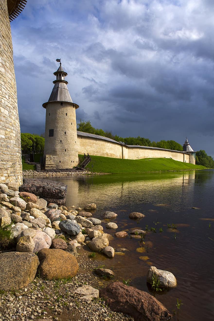 fortaleza, torre, rio, Rússia, pskov, parede, viagem