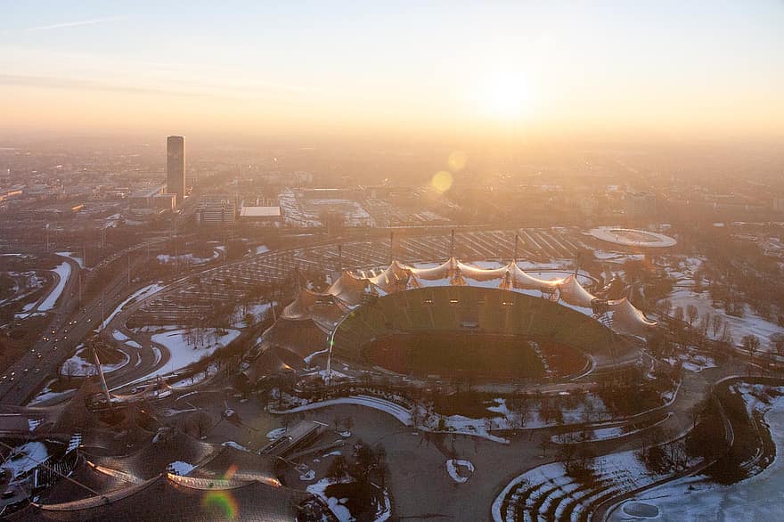 Munich, olympiapark, le coucher du soleil, Allemagne, paysage urbain, ville, stade