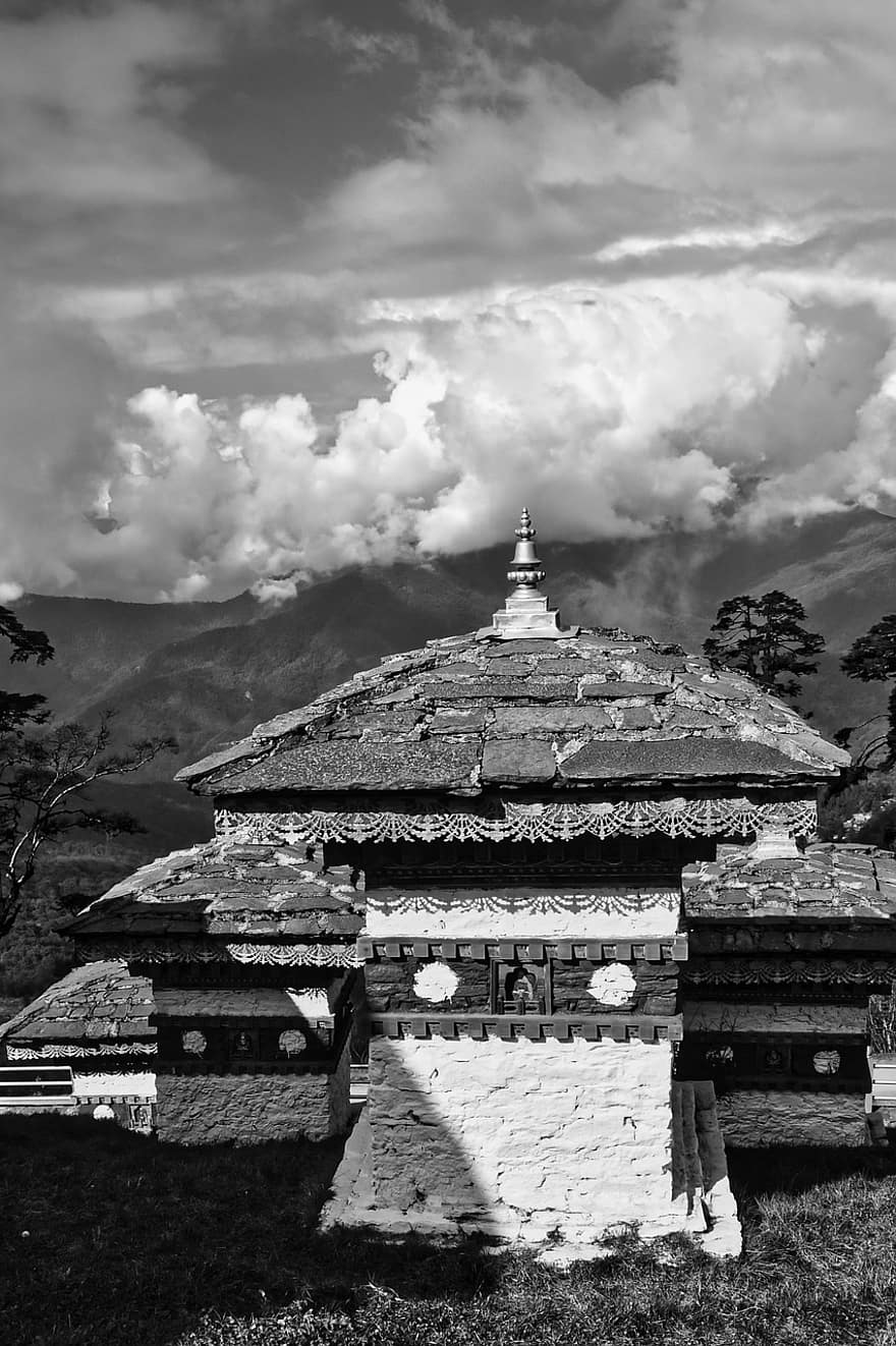 dochula, Butanas, stupa, juoda ir balta, paminklas, Drukas Wangyal Chortensas, budizmas, thimphu, chorten, kultūrą, istorinis