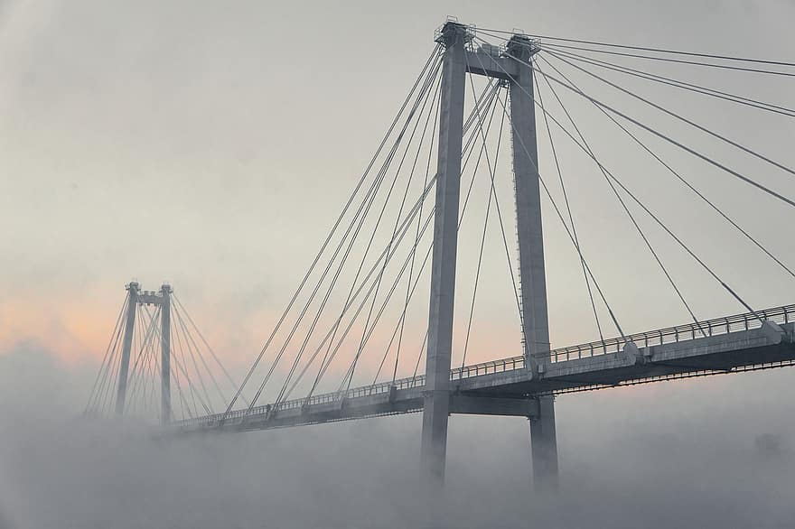 most, mlha, svítání, ráno, Studený, visutý most, yenisei, Krasnojarsk, Rusko