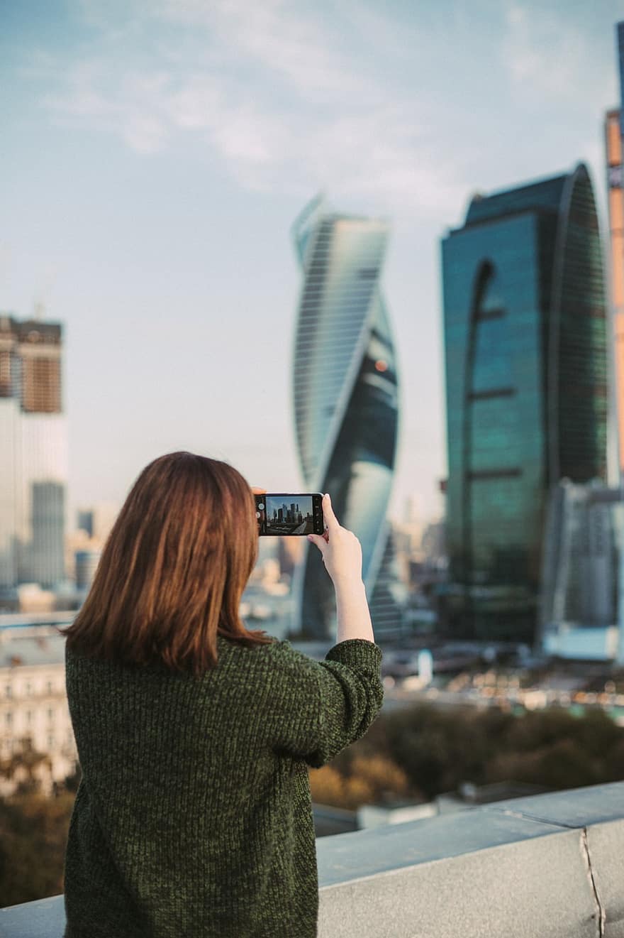 Tower, Skyscraper, Building, Street, Girl, Phone, City, Moscow, Megalopolis