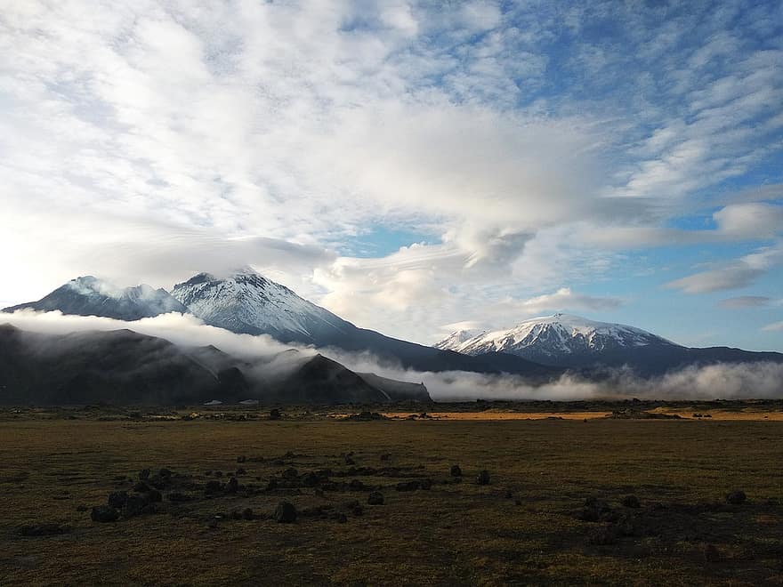 volcà, muntanyes, campament, núvols, Kamchatka, naturalesa, paisatge