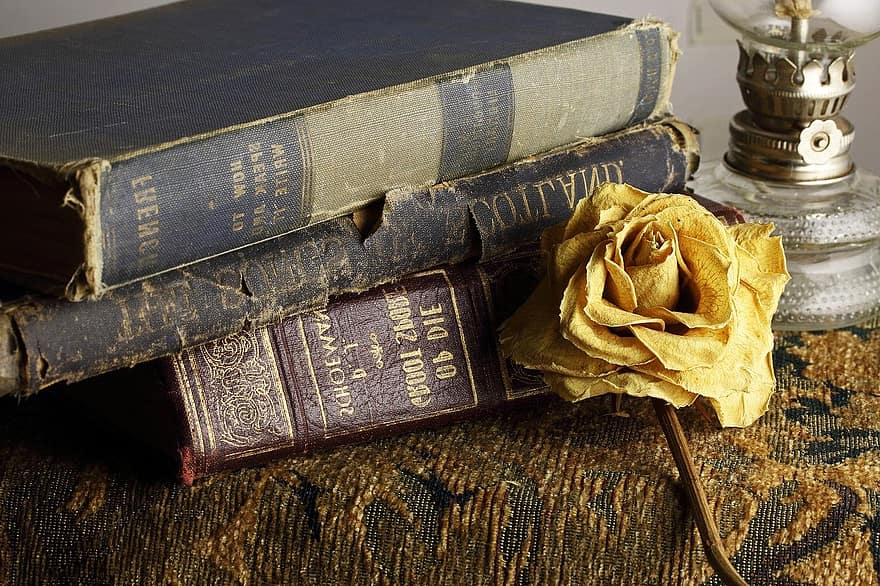 vintage bøger, gamle bøger, Vintage æstetik, Rustik æstetik, glas lampe, tørret rose, tørret blomst, Bestil, gammel, bibel, Kristendom