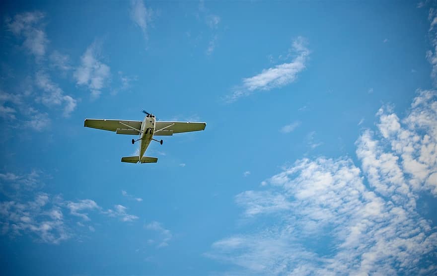 Flugzeug, Ebene, Cessna, 172, Propeller, Himmel, Landung, fliegend, Luftfahrt