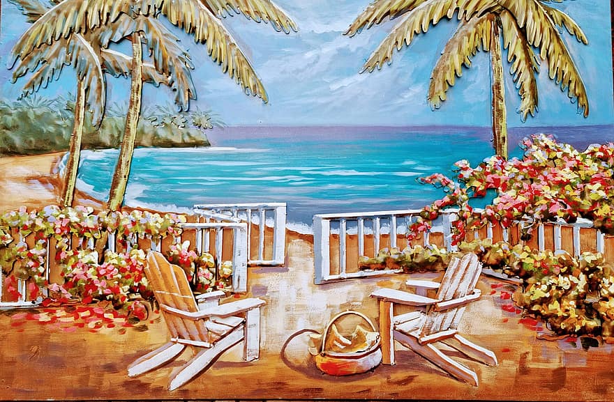 strand, schilderij, toevlucht, vakanties, zomer, zand, reizen, vakantie resort, boom, hout, tafel