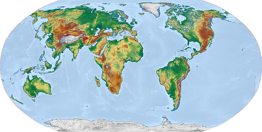 verden, kort, kort over verden, jorden, relief map, kontinenter, Robinson projektion, global, kartografi