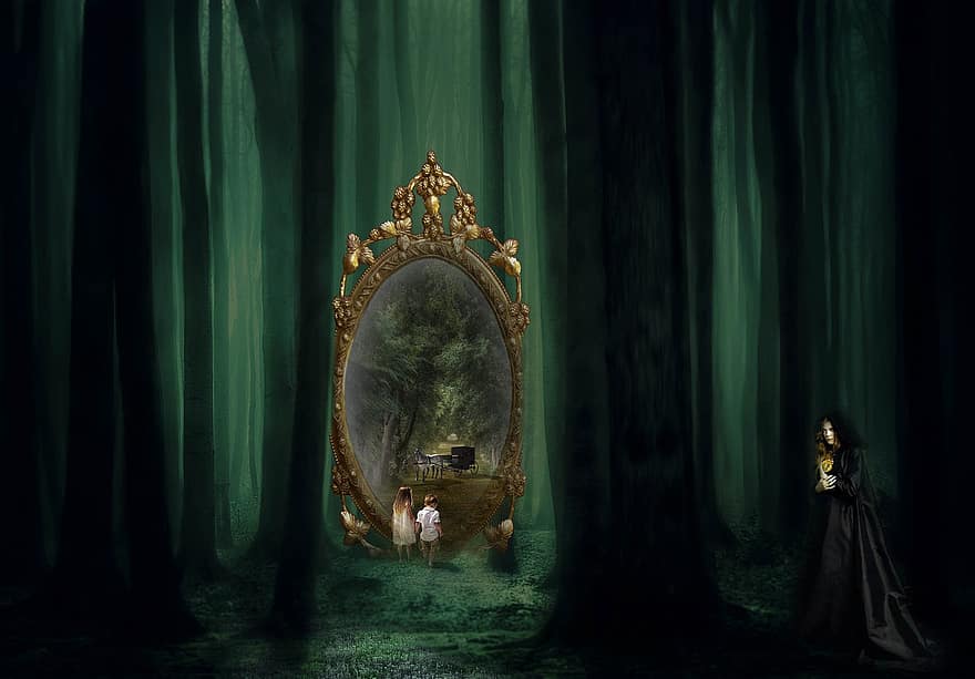 fantaisie, forêt, la sorcière, les enfants, miroir, passage, forêt de conte de fées, ambiance, chemin forestier