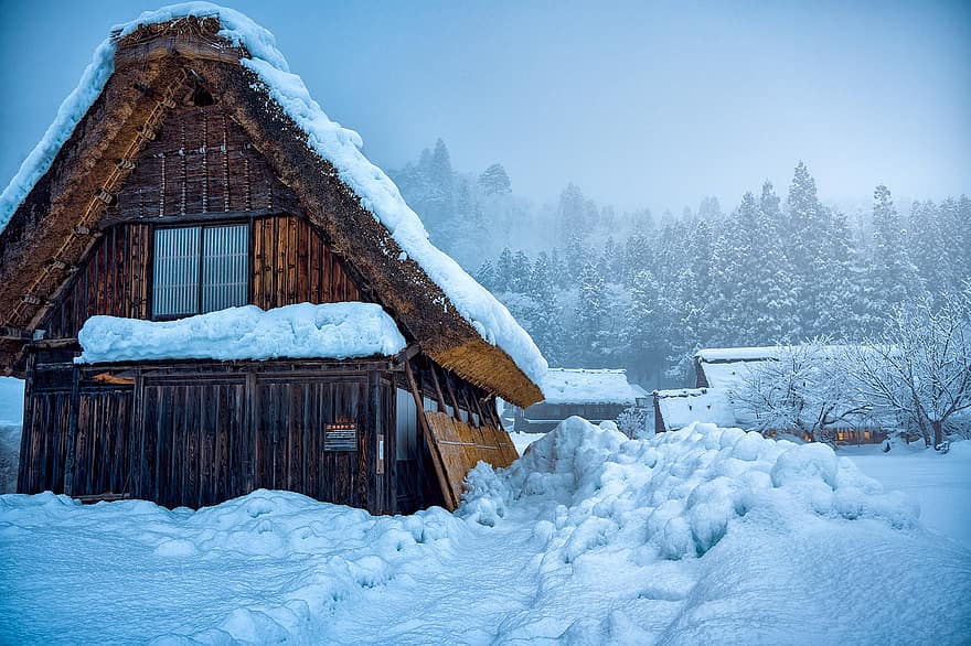 stråtak takhus, arkitektur, Gassho-zukuri, Shirakawa-go, japan, Kraftig snøfallsområde, snø, vinter, hytte, tre, årstid