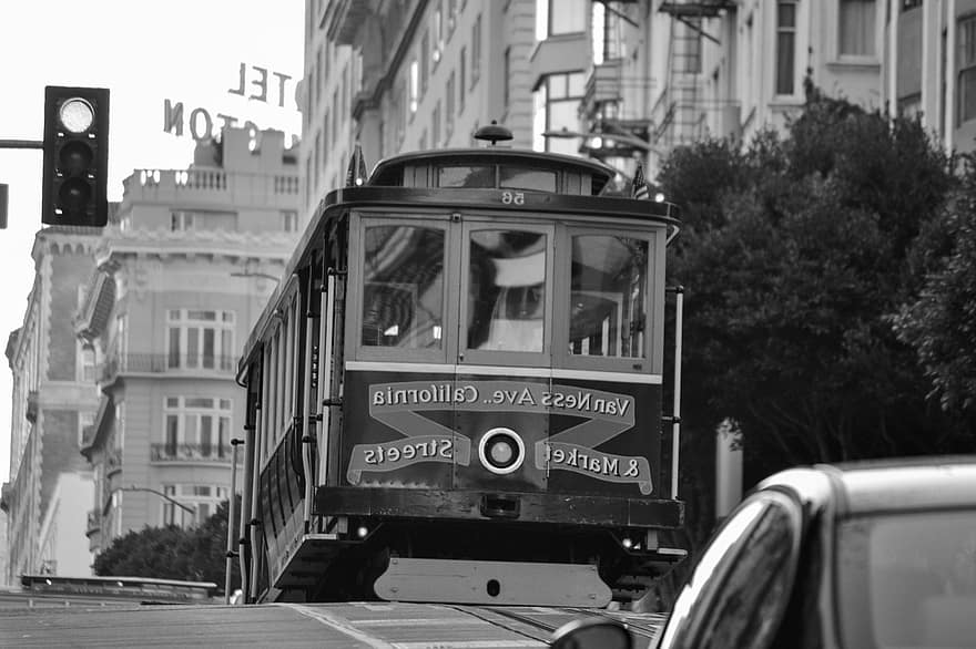 kabelbaan, trolley, voertuig, San Francisco, Californië, Verenigde Staten van Amerika, vervoer, weg, straat, sporen, San Francisco kabelbaansysteem