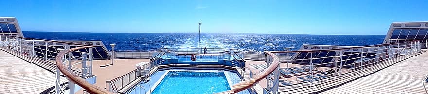 Queen Mary II, bateau de croisière, plate-forme, panorama, océan, mer, navire, paquebot, piscine, Voyage, croisière