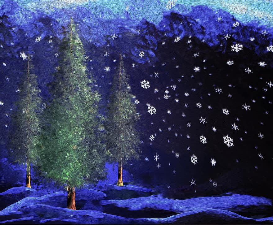 téli, meseország, éjszaka, hó, hegyek, fák, Karácsony, ünnep, karácsony, kártya, színhely