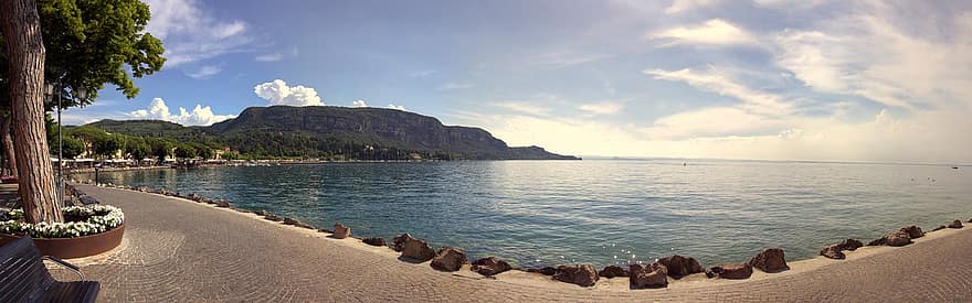Gardasjøen, innsjø, promenade, esplanade, vann, fjell, kyst, garda, veneto, Italia, sommer