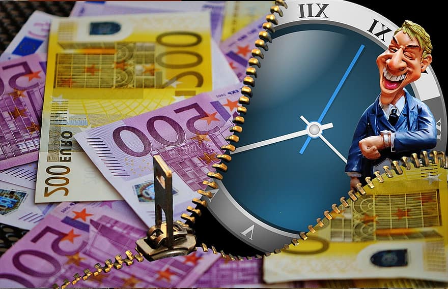Zeit ist Geld, Geschäftsmann, Euro, Zeit des, Zahl, Erfolg, Reich, Geld, scheinen, Banknote, Armbanduhr