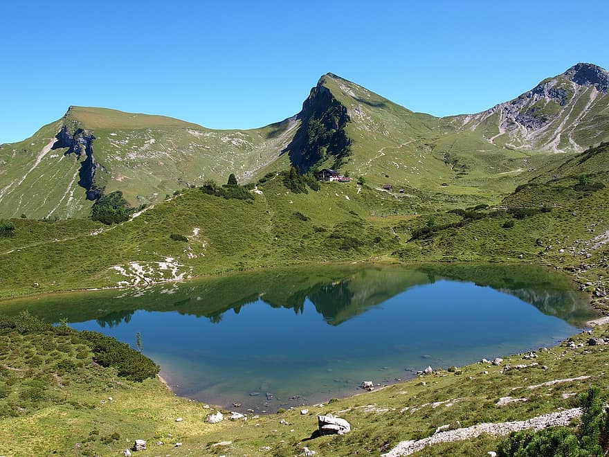 allgäu alpes, lago, Vale Tannheimer, Tannheim, montanha, Tirol do Norte, Alpes, verão, cor verde, Pico da montanha, grama