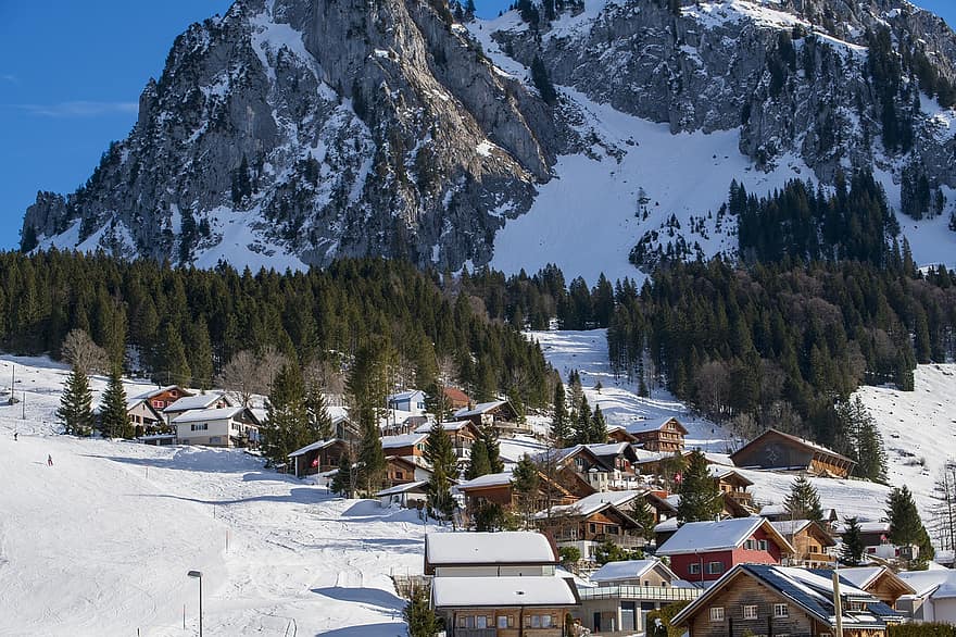 Sveitsi, Alpit, talvi-, Brunni Schwyzin kantoni, puu, talot, lumi, luonto, vuori, maisema, metsä