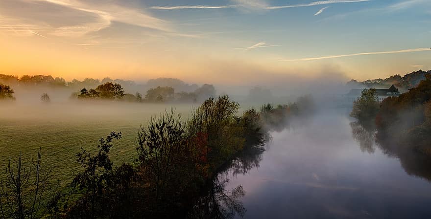 arboles, río, niebla, brumoso, amanecer, Mañana, naturaleza, otoño, Alemania, paisaje, árbol