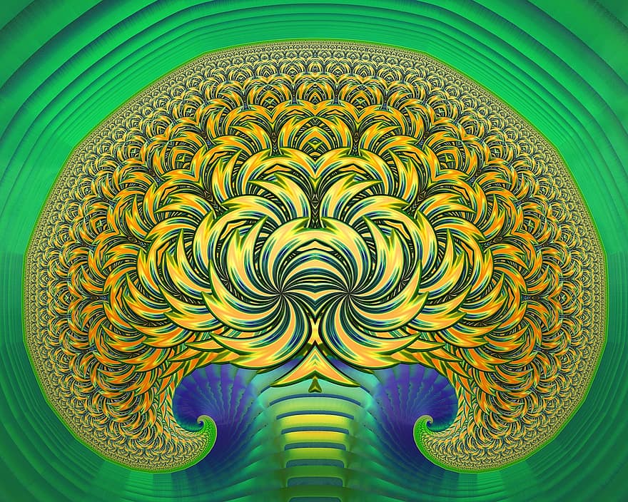 fractal, árvore, abstrato, arte fractal, caprichoso, verde, azul, amarelo, simétrico