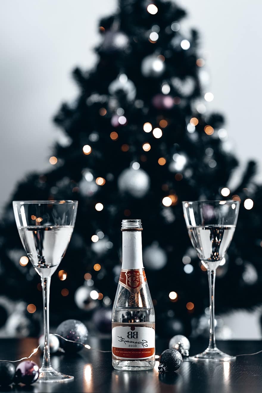 szampan, szkło, Boże Narodzenie, nowy Rok, alkohol, drink, napój, butelka, uroczystość, grudzień