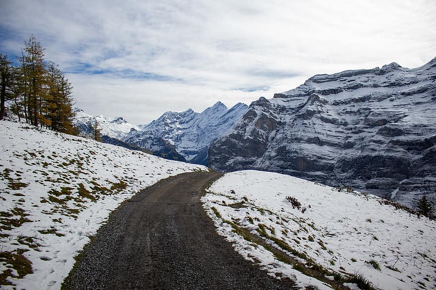 kelias, takas, sniegas, kalnai, Šveicarija, žygiai, žiemą