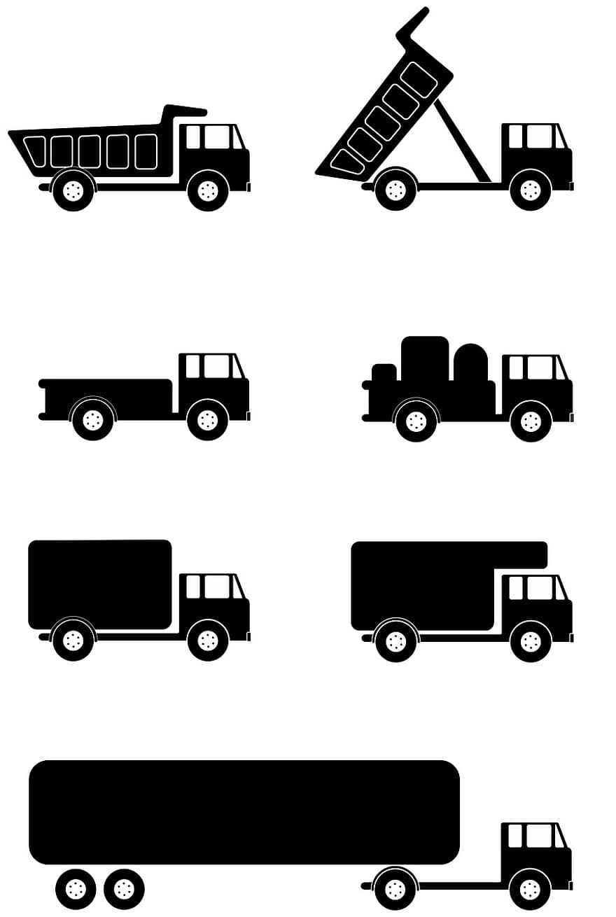viaje, símbolo, construcción, aislado, icono, llantas, camión, carga, logístico, tractor, en blanco y negro