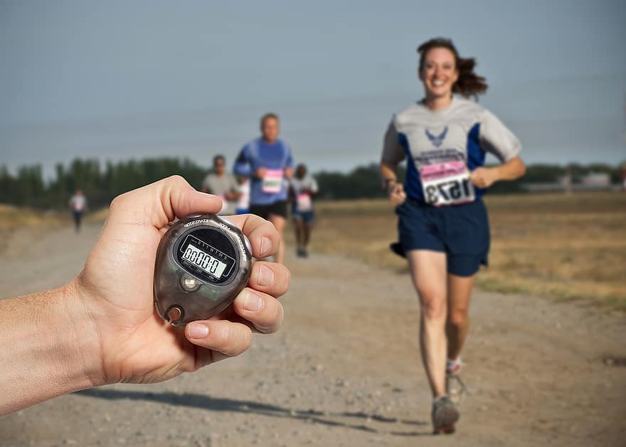 závod, běžec, běh, čas, chronometr, soutěž, maratón, žena, muž, ruka, načasování