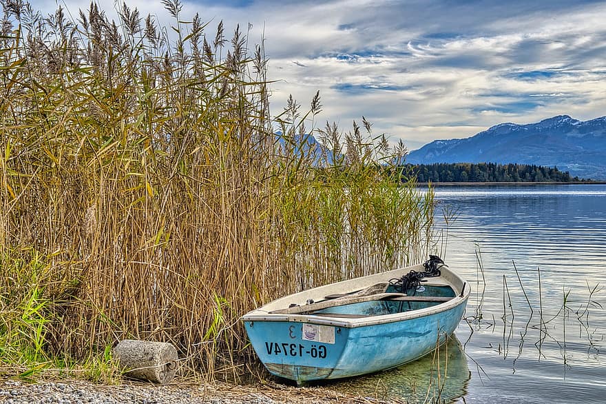 بحيرة ، قارب ، قصب ، ماء ، منظر طبيعى ، ذات المناظر الخلابة ، الجانب القطري ، طبيعة ، شيميسي ، chiemgau ، بافاريا