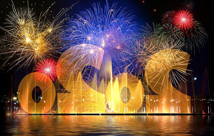 újév, tűzijáték, új év napja, pirotechnika, évfordulóján, csillogó, szikra zuhanása, éjfél, ünnepel, rakéta, éves pénzügyi kimutatások