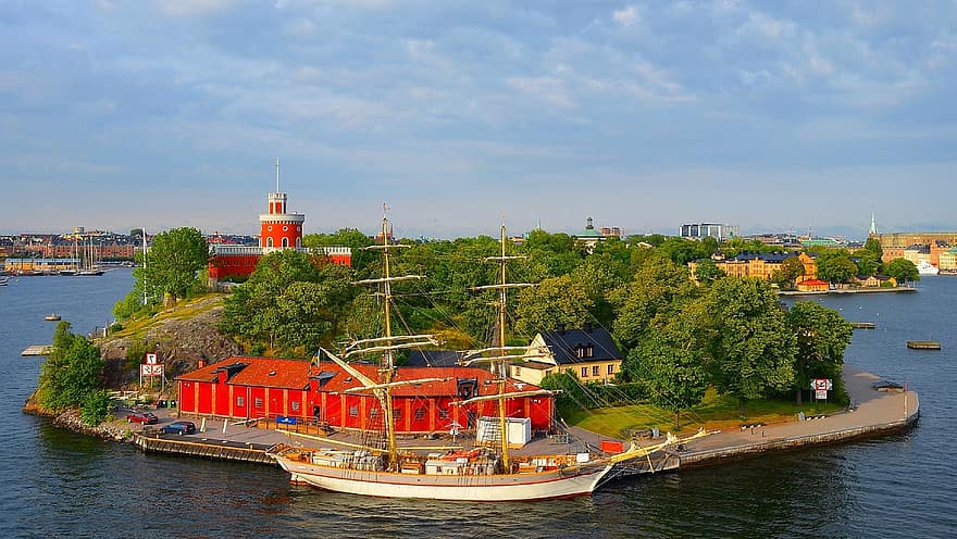 остров, парусное судно, Стокгольм, Швеция, море, лодка, город, порт, парк, корабль, kastellholmen