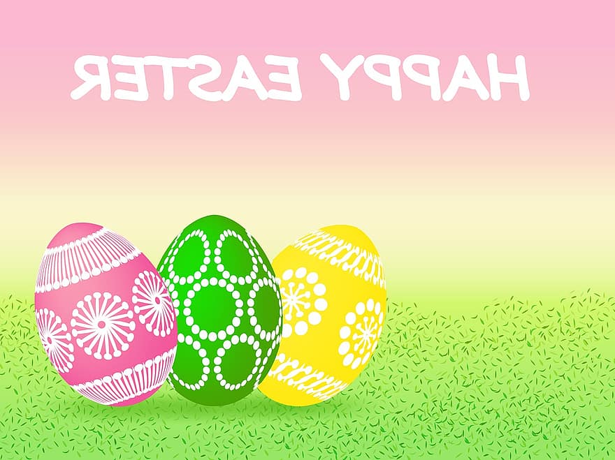 różowy, uroczystość, kolorowy, ozdobiony, dekoracja, Wielkanoc, jajko, jajka, Zielony, łąka, pora roku