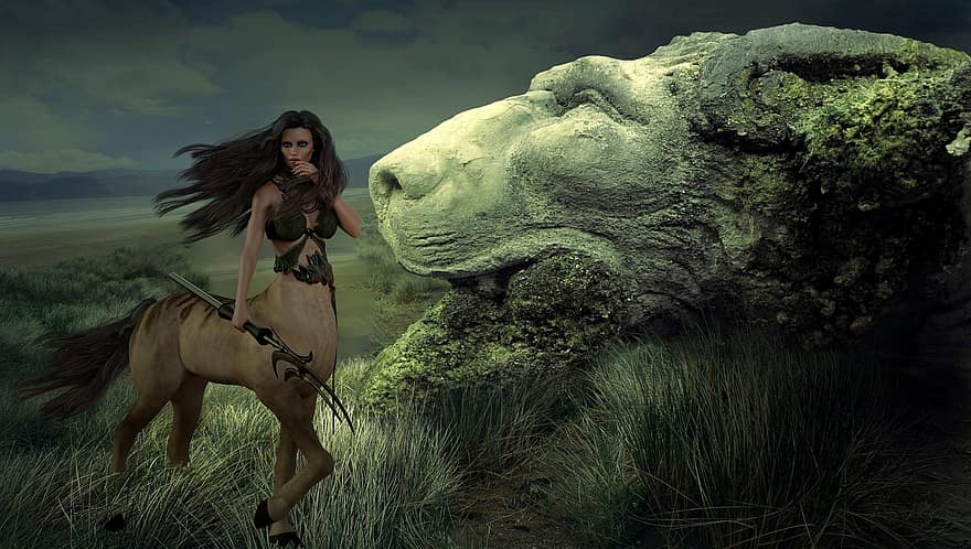 centaur, kvinde, løve hoved, græs, enchantress, bjerg, mystisk, Kvinder, hest, en person, voksen