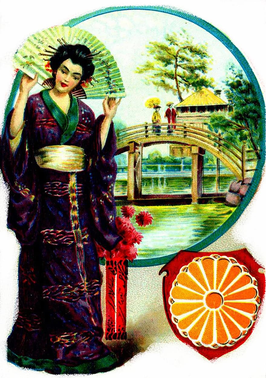 Japão, japonês, menina, mulher, elegante, moda, costume nacional, parque, símbolo, vintage