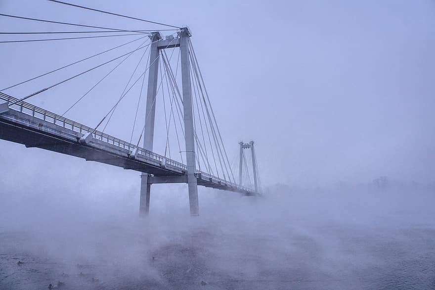 fiume, nebbia, ponte, Yenisei, Krasnoyarsk, Russia