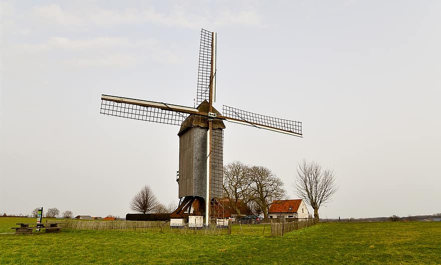 vindmølle, vindkraft, landsbygda, landskap, belgian, veker, Mølle, tradisjonell vindmølle, landemerke, monument, bygning