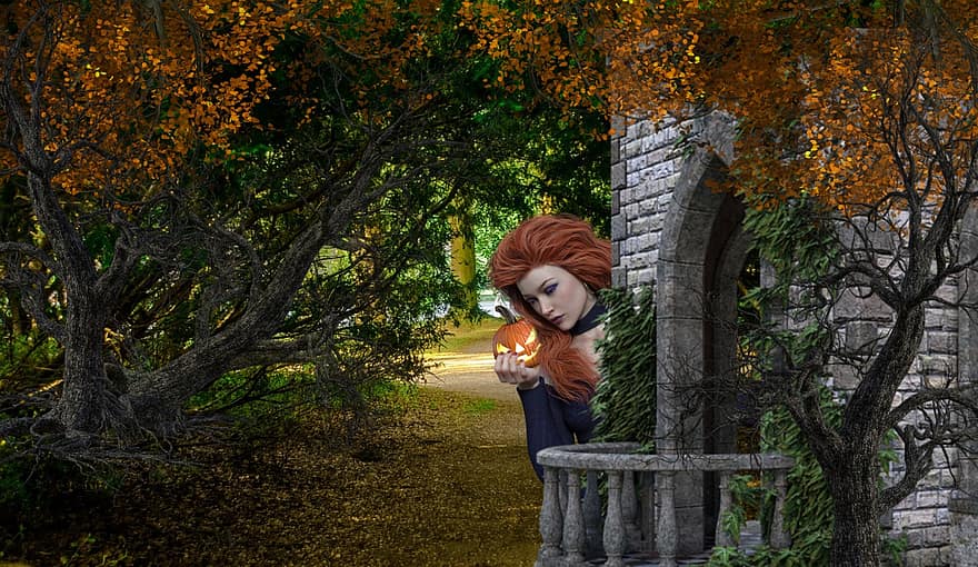 женщина, блуждающий огонек, Хэллоуин, фантастика, падать, осень, тыква, фонарь, жуткий, лес, дерево