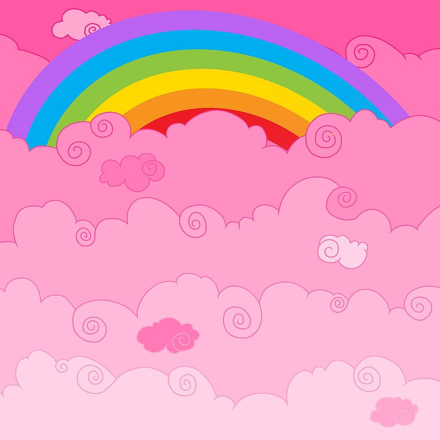 Rainbow, Sky, Clouds, Pink, Background, Copyspace, Drawing, cloud, backdrop, illustration, backgrounds