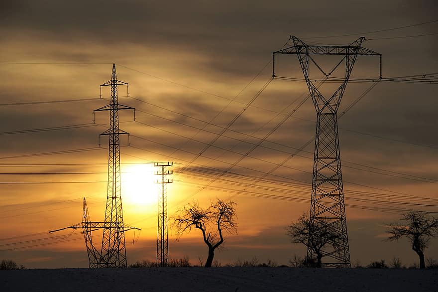 Electric Poles, Electricity, Mast, High Voltage, Wires, Energy, Winter, Sunset, Steel Structure