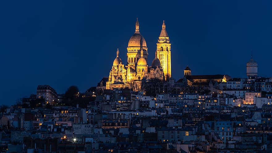 Paris, coração Sagrado, noite, sacré-cœur, cidade, montmartre, basílica, urbano