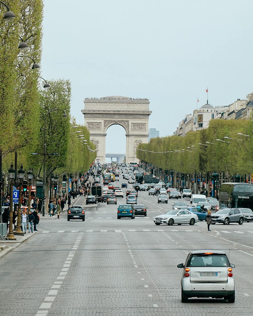 Arc de Triomphe, yol, trafik, Araçlar, arabalar, bulvar, cadde, anıt, işaret, tarihi, turist çekiciliği