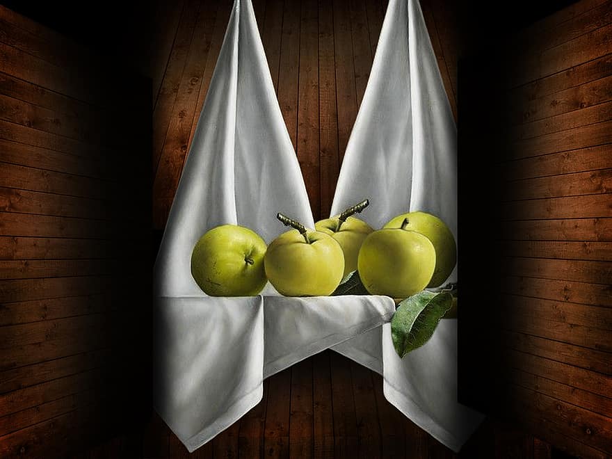 maçãs, fruta, tecido, ainda vida, maçãs verdes, Comida, saudável, toalha de mesa