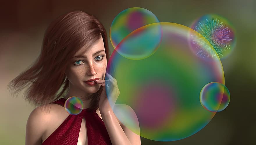 vrouw, bubbels, avatar, brunette, zomersproeten, regenboog bubbels, meisje, jonge vrouw, Vrouwelijke avatar, karakter
