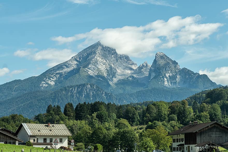 Town, Mountain, Watzmann, Houses, Buildings, Trees, Landscape, Scenery, Scenic, Alpine, Alps