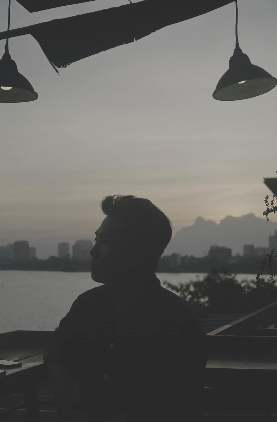 Man, Silhouette, Model, Balcony, View, Ocean, Sea