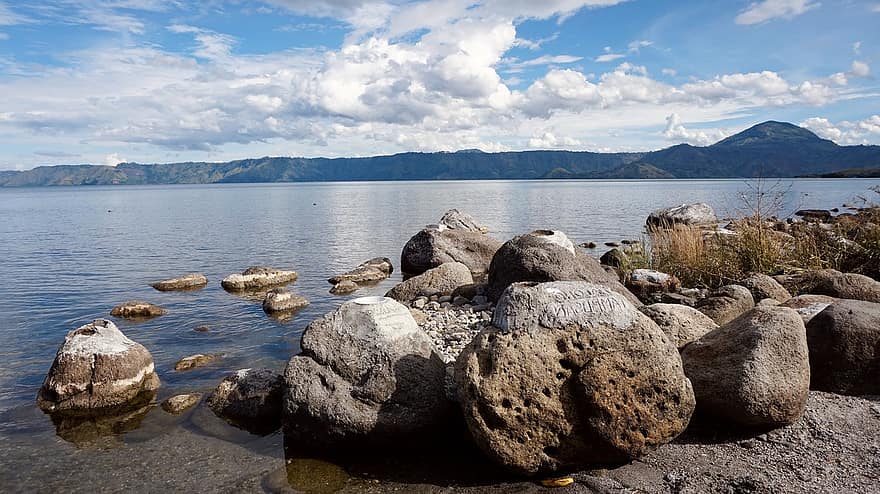lago, rocas, apuntalar, agua, toba, Samosir, paisaje, línea costera, verano, rock, azul