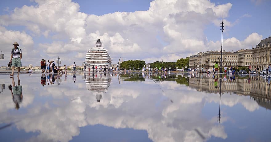 Bordeaux, ville, réflexion, miroir, ciel, des nuages, Port, parc, personnes, Urbain, tourisme