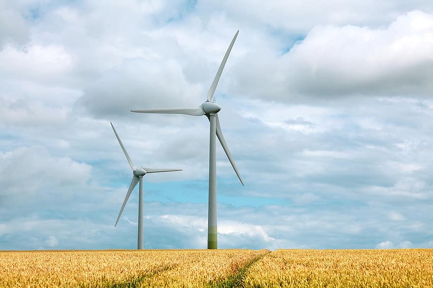 windräder, tuulivoima, nykyinen, energia, ekologisesti, kestävä, taivas, ala, pilviä, sininen, ympäristöystävällinen