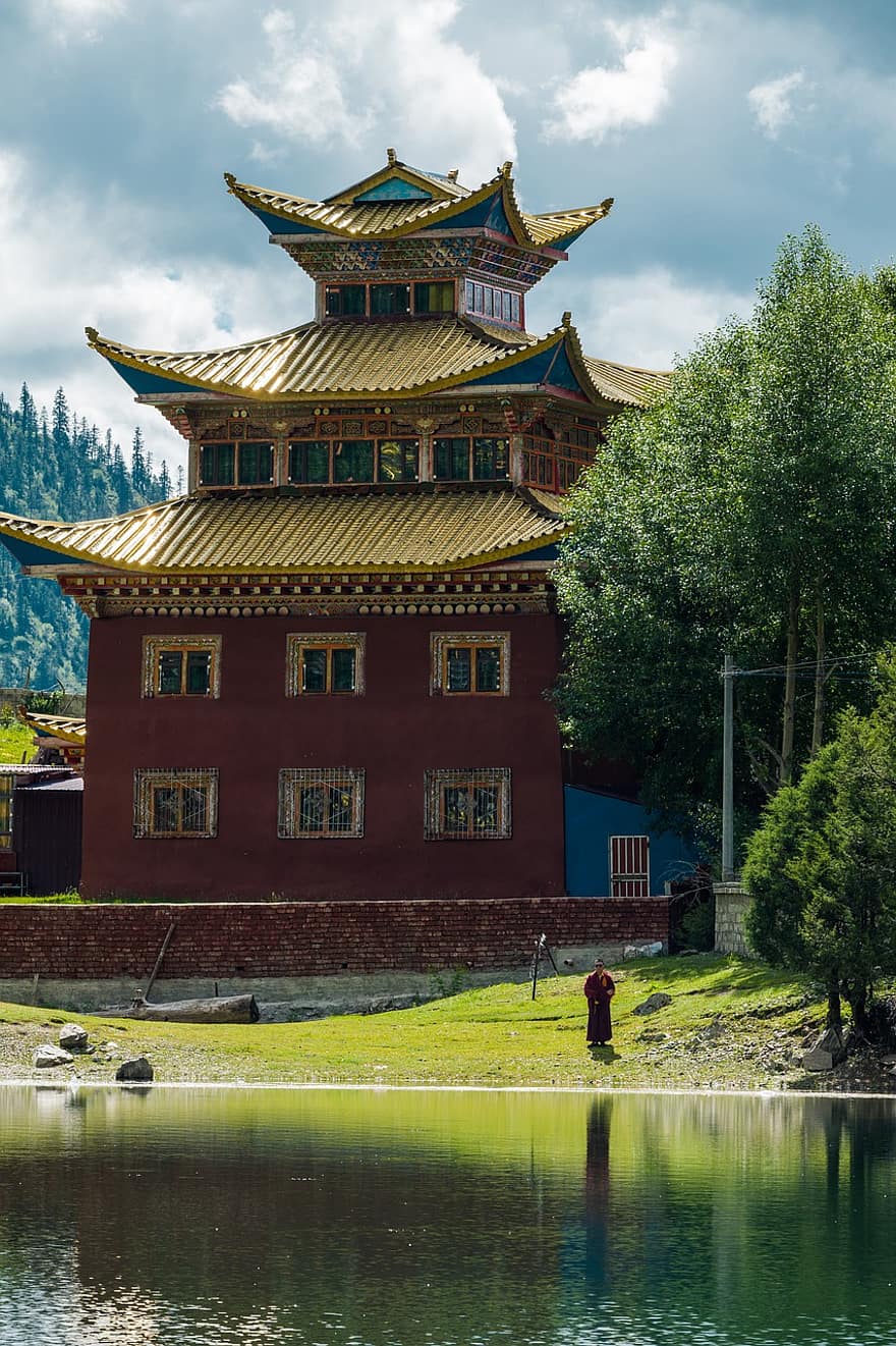 templo, monge, budismo, eminente monge, beira do lago, Lago Tsoka, Mosteiro Tsoka, ganz, arquitetura, lugar famoso, culturas