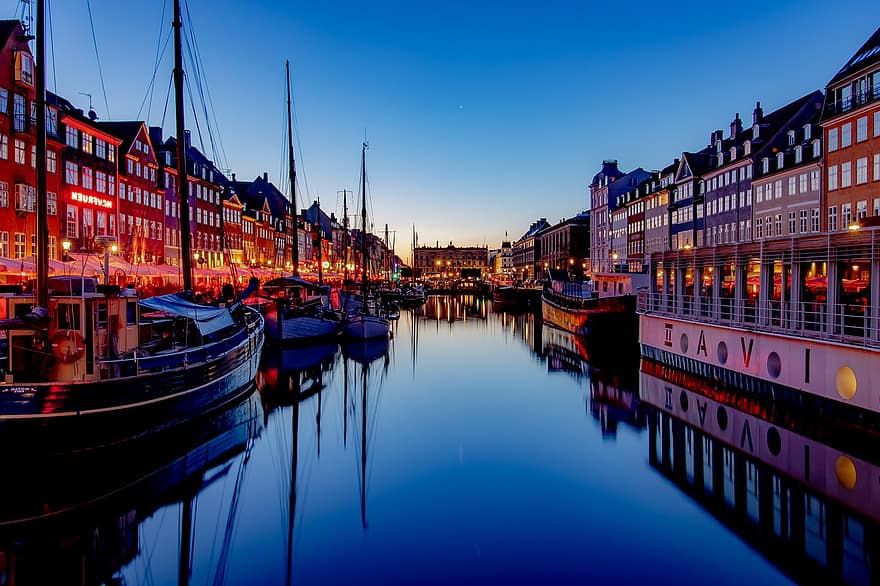 Kopenhaga, port, zachód słońca, kanał, Dania, nyhavn, skandynawski, Port, łodzie, noc, zmierzch